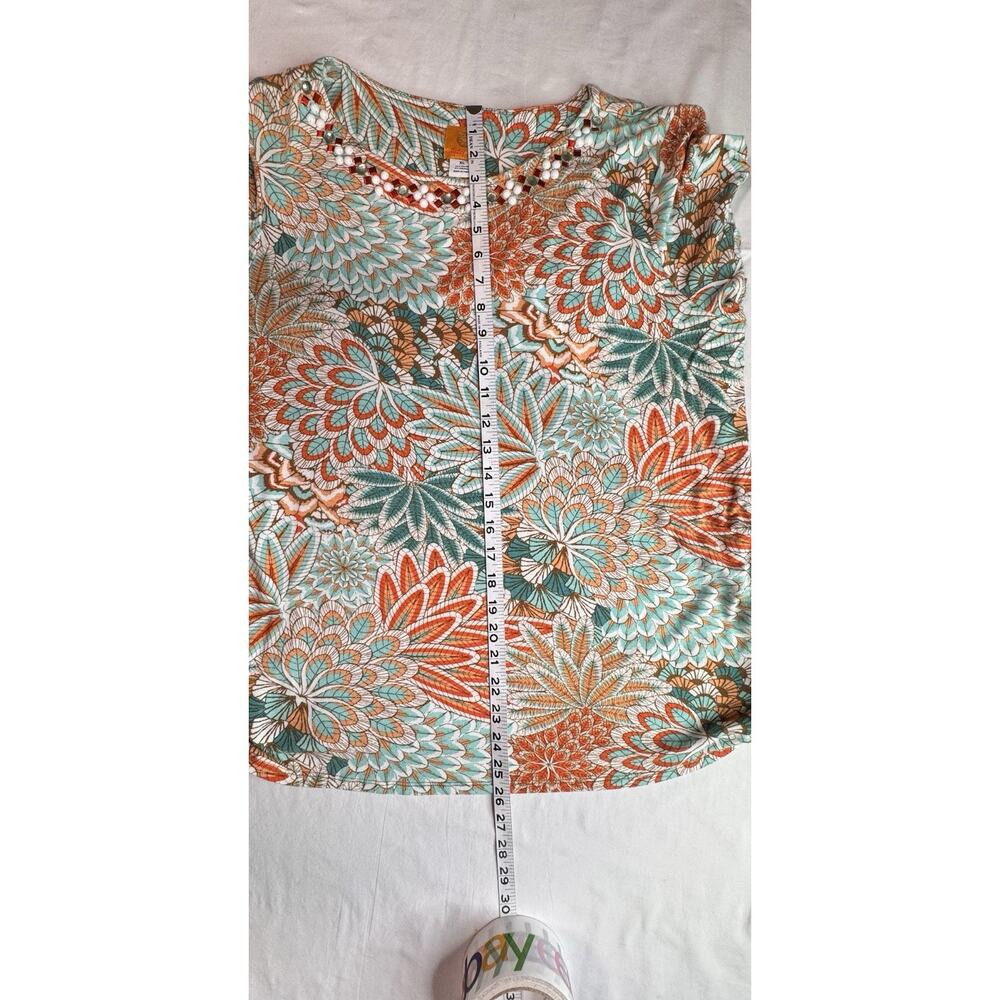Ruby Rd XL Pullover Top Beaded Neckline Coral Teal Short Sleeve Stretch - Picture 12 of 13